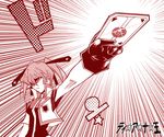  armpits artist_request card cross_mirage emphasis_lines foreshortening gloves holding holding_card lyrical_nanoha mahou_shoujo_lyrical_nanoha_strikers monochrome outstretched_arm parody red simple_background solo teana_lanster upper_body white_background yuu-gi-ou 