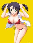  bent_over bikini black_hair breasts copyright_request front-tie_top green_eyes hanging_breasts large_breasts navel open_clothes open_shirt satou_chagashi shirt side-tie_bikini solo swimsuit twintails 