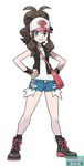  bag blue_eyes boots brown_hair curly_hair cutoffs denim denim_shorts exposed_pocket handbag hands_on_hips hat jpeg_artifacts official_art pokemon pokemon_(game) pokemon_bw ponytail ripped_jeans short_shorts shorts smile solo sugimori_ken tank_top touko_(pokemon) vest watermark wristband 