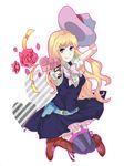  :d blonde_hair blue_eyes boots cowboy_hat dress earrings flower full_body gun hat jewelry kawachi long_hair macross macross_frontier macross_frontier:_itsuwari_no_utahime open_mouth sheryl_nome single_earring smile solo thighhighs tongue weapon western 