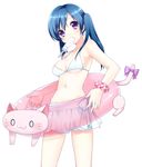  2ch :3 bikini bikini_skirt blue_hair cat chibi food highres innertube messy mouth_hold navel o_o original popsicle purple_eyes ribbon scrunchie shii simple_background solo swimsuit tail tail_ribbon transparent twintails usashiro_mani 