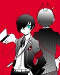  blue_eyes crossover hair_over_one_eye handheld_game_console headphones male_focus megami_ibunroku_devil_survivor multiple_boys nintendo_ds persona persona_3 protagonist_(devil_survivor) red_background school_uniform smile yan_ton yuuki_makoto 