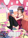  bad_id bad_pixiv_id bed bedroom black_legwear brown_hair cellphone digital_media_player feet figure glasses gundam gundam_beast gundam_hundred gunpla headphones highres indoors ipod legs original phone polka_dot psy_gundam purple_eyes shiitake_urimo short_hair sitting solo thighhighs 