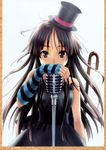  absurdres akiyama_mio bangs black_eyes black_hair blunt_bangs don't_say_&quot;lazy&quot; dress fingerless_gloves gloves goto_p hat highres hime_cut k-on! long_hair microphone microphone_stand mini_hat mini_top_hat scan solo striped top_hat 