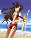  absurdres arm_up ass barefoot beach bikini black_hair bow brown_hair closed_eyes cloud day fate/stay_night fate_(series) fujii_maki fujimura_taiga green_eyes hair_bow highres long_hair long_legs looking_back multiple_girls non-web_source ocean open_mouth outdoors red_bikini short_hair side-tie_bikini sky striped striped_bikini striped_swimsuit swimsuit toosaka_rin two_side_up very_long_hair water 