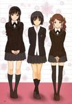  absurdres amagami arms_behind_back black_hair black_jacket black_legwear blazer blue_eyes bob_cut brown_eyes brown_hair crossed_legs dress_shirt hair_ribbon hairband hands_clasped height_difference highres jacket kibito_high_school_uniform light_smile long_hair long_sleeves looking_at_viewer messy_hair morishima_haruka multiple_girls nakata_sae nanasaki_ai non-web_source official_art own_hands_together ribbon school_uniform shirt short_hair skirt smile snowflakes standing steepled_fingers takayama_kisai thighhighs twintails untucked v_arms zettai_ryouiki 