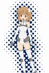  :d akane_souichi bangs bare_shoulders boots breasts brown_eyes brown_hair elbow_gloves flat_color gloves halftone halterneck headgear leotard looking_at_viewer motion_slit open_mouth outline pilot_suit sakurano_otoha short_hair sky_girls small_breasts smile solo standing thigh_boots thighhighs turtleneck white_footwear white_gloves white_legwear 