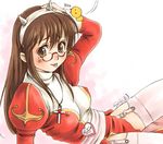  :p breasts brown_eyes brown_hair covered_nipples cropped duplicate garters glasses high_priest medium_breasts ragnarok_online shiun solo thighhighs tongue tongue_out white_legwear 