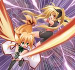  arisa_bannings arm_belt bardiche belt blonde_hair burning_arisa energy_sword fate_testarossa fingerless_gloves fire gloves hair_ribbon long_hair low-tied_long_hair lyrical_nanoha magical_girl mahou_shoujo_lyrical_nanoha multiple_girls ribbon sword taka_(suigendou) thighhighs twintails weapon zoom_layer 