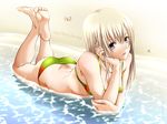  aizawa_kotarou barefoot beach bikini blonde_hair blue_eyes copyright_request day feet hands long_hair outdoors solo swimsuit water 