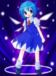  blue blue_bow blue_dress blue_eyes blue_hair bow cirno dress full_body futami_yayoi hair_bow legs_apart looking_at_viewer open_mouth puffy_short_sleeves puffy_sleeves shoes short_hair short_sleeves smile socks solo standing touhou white_legwear wings 