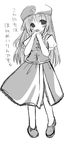  blush_stickers braid full_body futami_yayoi greyscale hat hong_meiling interlocked_fingers long_hair looking_at_viewer monochrome puffy_short_sleeves puffy_sleeves shoes short_sleeves side_slit solo standing star touhou translated white_background 