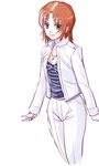  aida_yuu blue_shirt bow chain gem green_eyes gunslinger_girl looking_at_viewer pants petrushka red_hair shirt short_hair smile solo striped striped_bow striped_shirt white_background white_coat white_pants 