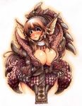  blush breasts brown_hair cleavage cropped_legs huge_breasts ibukichi long_hair monster_hunter open_mouth rathalos_(armor) solo white_background 