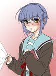  bangs blush cardigan glasses kita_high_school_uniform misnon_the_great nagato_yuki school_uniform serafuku short_hair solo suzumiya_haruhi_no_yuuutsu 