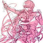  1girl artist_request code_geass cowboy_shot detached_sleeves dress euphemia_li_britannia holding holding_sword holding_weapon hug kururugi_suzaku long_hair long_sleeves monochrome outstretched_arms pink simple_background sword unsheathed very_long_hair weapon white_background 