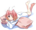  alarm_clock barefoot bottomless caro_ru_lushe clock dress_shirt feet lyrical_nanoha mahou_shoujo_lyrical_nanoha_strikers mizoguchi_keiji naked_shirt one_eye_closed pillow shirt sleepy solo 