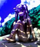  barefoot dappled_sunlight fate/stay_night fate_(series) long_hair long_legs nude puyo shade sitting sketch solo sunlight toosaka_rin tree_shade two_side_up 