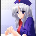  blush eyebrows_visible_through_hair from_side hat long_hair nurse_cap patterned_background purple_eyes red_cross shirotsuki_kouta silver_hair solo touhou upper_body yagokoro_eirin 