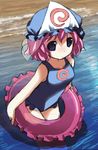  beach hat innertube one-piece_swimsuit pink_hair purple_eyes saigyouji_yuyuko shiratama_dango short_hair solo swimsuit touhou wading water 