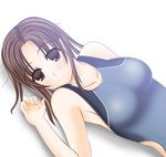  blush brown_eyes brown_hair competition_swimsuit dutch_angle kawada_tomoko kimi_kiss one-piece_swimsuit shio smile solo swimsuit 