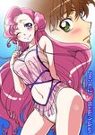  1girl ;) blush bra brown_hair chemise code_geass contrapposto euphemia_li_britannia green_eyes hisaki_yukari kururugi_suzaku lingerie long_hair looking_at_viewer navel one_eye_closed panties pink_hair profile purple_eyes see-through smile standing stomach surprised underwear very_long_hair white_bra white_panties wide-eyed 