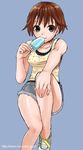  brown_hair denim denim_shorts food green_eyes grey_background grey_shorts hand_on_own_knee heart heart_pattern heart_print holding holding_food ice_cream looking_at_viewer mattaku_mousuke original popsicle short_hair shorts simple_background sleeveless solo watermark web_address 