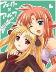  animal_ears arf blonde_hair blue_eyes familiar fate_testarossa forehead_jewel heart lyrical_nanoha magical_girl mahou_shoujo_lyrical_nanoha multiple_girls one_eye_closed red_eyes red_hair twintails wolf_ears yuki_mashiro 