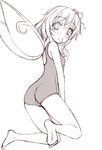  barefoot blush daiyousei fairy feet flat_chest looking_back monochrome one-piece_swimsuit open_mouth pink school_swimsuit short_hair sin-go sketch soles solo swimsuit touhou wings 