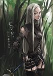  amputee belt beltskirt claymore detached_sleeves face forest garter_straps irene_(claymore) leotard long_hair nature outdoors platinum_blonde_hair pointy_ears solo sword tea_(nakenashi) translated very_long_hair weapon 