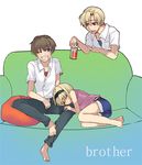  2boys barefoot blonde_hair brother_and_sister brown_hair can couch higurashi_no_naku_koro_ni houjou_satoko houjou_satoshi maebara_keiichi multiple_boys pepsi pillow short_hair siblings sora_(efr) 