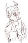  areolae blush bow breast_suppress breasts ex-keine hair_censor hair_over_breasts hands horn_ribbon horns kamishirasawa_keine large_breasts long_hair monochrome nude open_mouth ribbon see-through sin-go sketch solo tears touhou 