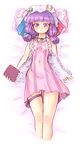  bangs blunt_bangs blush book breasts capelet choker crescent dress hat homura_subaru lying on_back patchouli_knowledge purple_eyes purple_hair ribbon ribbon_choker short_dress short_hair small_breasts solo thigh_ribbon touhou 