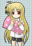  bike_shorts blonde_hair collared_shirt eyebrows eyebrows_visible_through_hair fate_testarossa holding long_hair long_sleeves looking_at_viewer lyrical_nanoha mahou_shoujo_lyrical_nanoha pillow polka_dot red_eyes shirt sidelocks solo very_long_hair white_shirt yuki_mashiro 