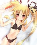  armpits arms_up bikini blonde_hair blush fate_testarossa flat_chest hair_ribbon itotin long_hair lying lyrical_nanoha mahou_shoujo_lyrical_nanoha mahou_shoujo_lyrical_nanoha_a's naughty_face red_eyes ribbon skinny smile solo swimsuit twintails very_long_hair 