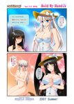  2girls black_hair black_wings blue_eyes blush breast_hold breasts closed_eyes covered_nipples covering dress embarrassed half_updo hat highres kafu long_hair mabinogi medium_breasts morrighan multiple_girls nao_(mabinogi) nude partially_translated see-through translation_request twintails white_hair wings 