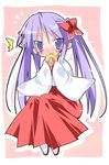  1girl border bow eating embarrassed hair_bow hakama hiiragi_kagami japanese_clothes long_sleeves looking_at_viewer lucky_star miko paco purple_hair red_bow red_hakama sitting solo surprised twintails wide_sleeves 