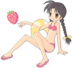  ahoge arm_support bikini blush bow braid chaba_(chabanyu) feet flat_chest food fruit grey_hair hair_bow innertube long_hair original polka_dot polka_dot_bikini polka_dot_swimsuit sandals sitting smile solo strawberry swimsuit twin_braids yellow_eyes 