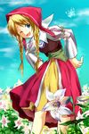  :d ;d blonde_hair blue_eyes bonnet braid bug butterfly dress field flower flower_field hair_over_shoulder hands_on_hips insect jewelry leaning_forward lily_(flower) long_hair necklace one_eye_closed open_mouth original puffy_sleeves smile solo twin_braids yukka_(yucca_u) 