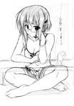  :/ barefoot chin_rest copyright_request glasses graphite_(medium) greyscale indian_style looking_at_viewer monochrome oppai_kenmin panties short_hair short_shorts shorts sitting sketch solo traditional_media underwear unzipped 