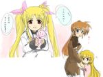  artist_request blonde_hair fate_testarossa lyrical_nanoha mahou_shoujo_lyrical_nanoha mahou_shoujo_lyrical_nanoha_strikers military military_uniform multiple_girls pantyhose red_hair school_uniform seishou_elementary_school_uniform side_ponytail stuffed_animal stuffed_bunny stuffed_toy takamachi_nanoha time_paradox translation_request tsab_ground_military_uniform twintails uniform vivio 