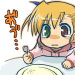  blonde_hair fork heterochromia kajikawa_yahiro lyrical_nanoha mahou_shoujo_lyrical_nanoha_strikers plate solo teardrop translated vivio 