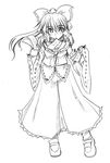  ascot bobby_socks bow detached_sleeves full_body greyscale hair_bow hair_tubes hakurei_reimu long_sleeves looking_at_viewer monochrome ofuda ribbon-trimmed_sleeves ribbon_trim shoes side_ponytail sidelocks skirt socks solo standing touhou zero_point 