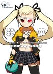  ball blonde_hair blood bowling_ball eyepatch imaizumi_teruhiko jacket original plaid plaid_skirt red_eyes skirt solo thighhighs track_jacket twintails zettai_ryouiki 