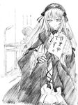  1girl character_request cross-laced_clothes dress fingerless_gloves frilled_sleeves frills gloves greyscale hairband hand_on_hip holding lolita_hairband long_hair looking_at_viewer monochrome paper rozen_maiden sitting sketch solo_focus suigintou sweatdrop text_focus tousen translation_request very_long_hair 