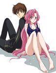  1girl barefoot blush breasts brown_hair code_geass euphemia_li_britannia feet green_eyes kurimomo kururugi_suzaku large_breasts long_hair pink_hair purple_eyes wet 