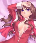  bed_sheet blush breasts brown_hair hand_on_forehead kanon large_breasts long_hair looking_at_viewer lying misaka_kaori oekaki on_back open_clothes open_shirt purple_background purple_eyes shirt solo upper_body zen 