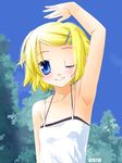  arm_up armpits camisole closed_mouth day dress face flat_chest hair_ornament hairclip noto_(soranoto) one_eye_closed original smile solo sundress 