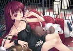  bare_arms cage candy chain collarbone couch cuffs dress food indoors keg licking lollipop long_hair looking_at_viewer original pillow red_eyes red_hair shackles sitting slave solo strap_slip stuffed_animal stuffed_dog stuffed_toy teddy_bear tongue tongue_out 