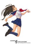  blue_legwear brown_eyes brown_hair jumping kneehighs loafers long_hair open_mouth original pleated_skirt sailor_collar_lift school_uniform serafuku shoes skirt solo yuuki_katsuhiko 